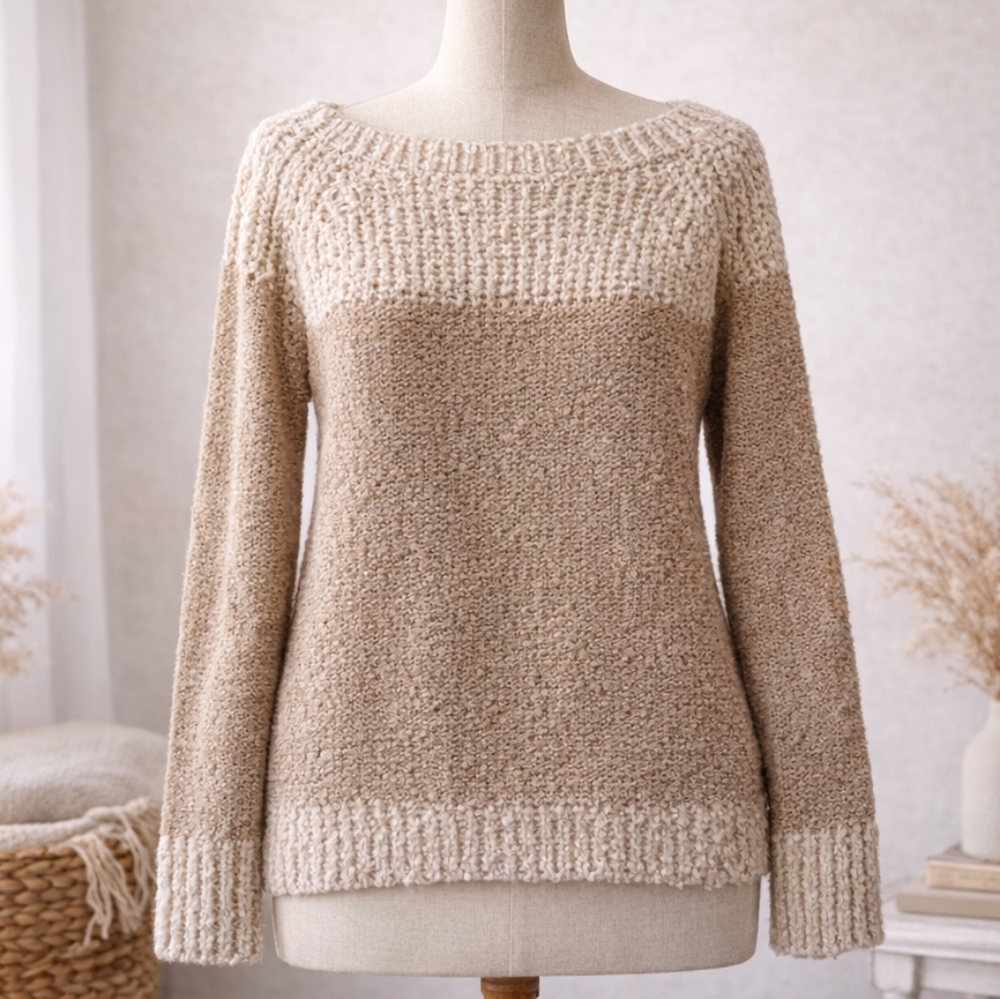 Fate Women's Cozy Textured Tan & Cream Sweater